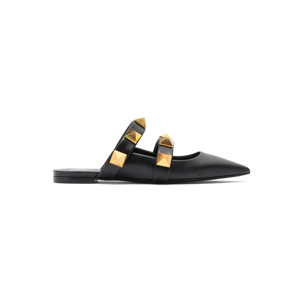 Valentino Garavani Black Roman Stud Flat Leather Mules Gold 36 - Picture 2 of 7